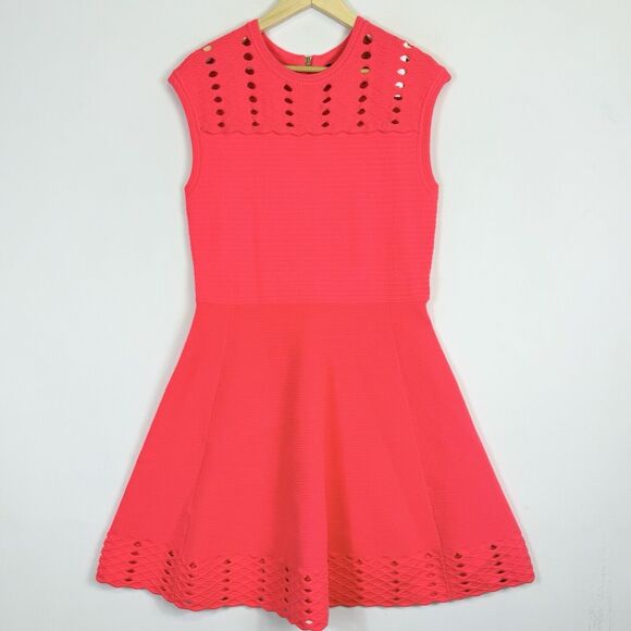 Ted Baker Zaralie Neon Coral Jacquard Panel Skater Dress Women's 6 US 14 NEW NWT - Picture 1 of 7